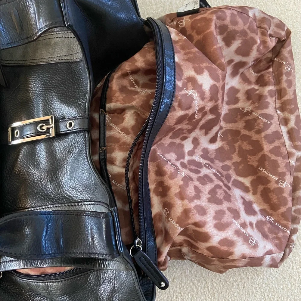B Makovsky leather shoulder bag,black/gray with silver hardware, animal print